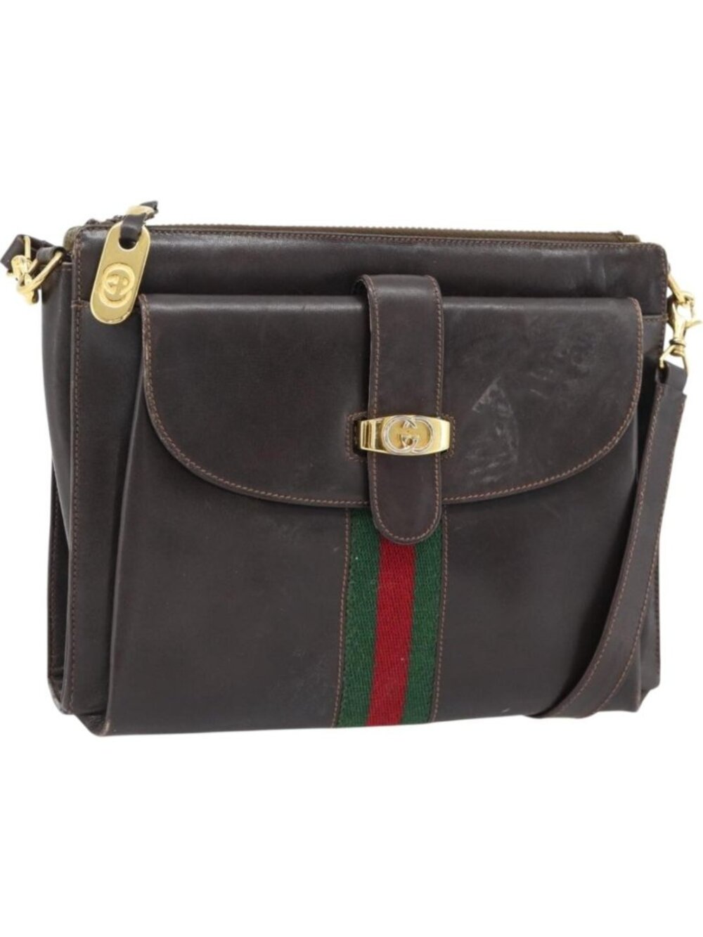GUCCI Web Sherry Line Shoulder Bag Leather Brown Red Green